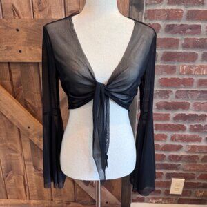 Black Sheer Mesh Tie-Front Bell Sleeves Gothic Crop Top | Size M